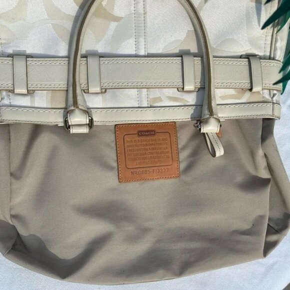 COACH Monogramed Cream & Tan Hamilton Tote Handbag Purse Silver Hardware GUC - Picture 5 of 11